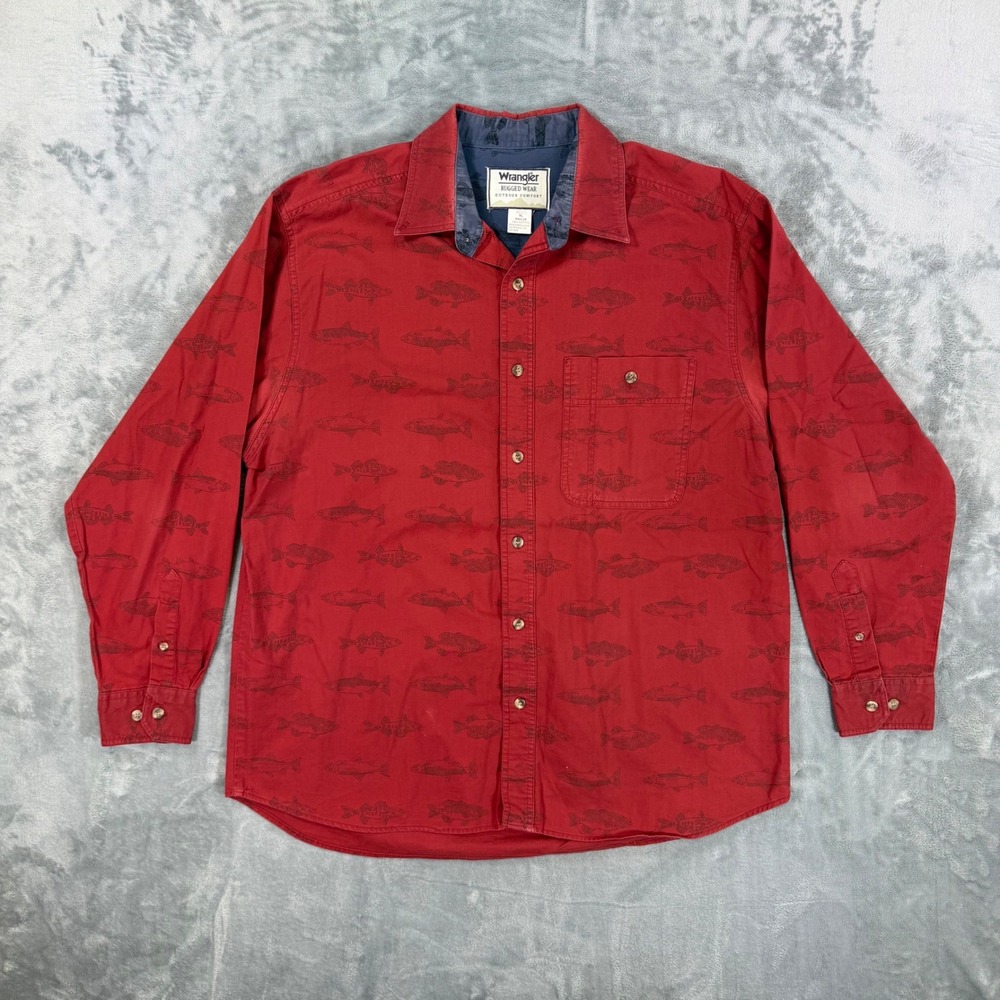 Wrangler Men's Rugged Wear Button Down Shirt‎ Size XL Red Fish Print Cotton